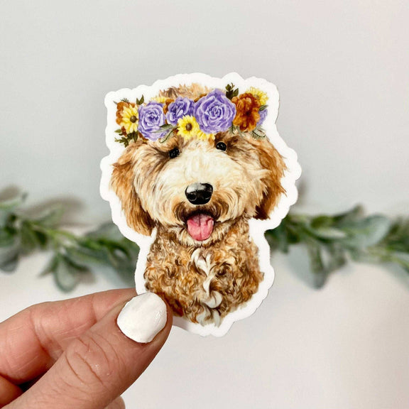Watercolor Goldendoodle with flower crown sticker, durable vinyl, waterproof.
