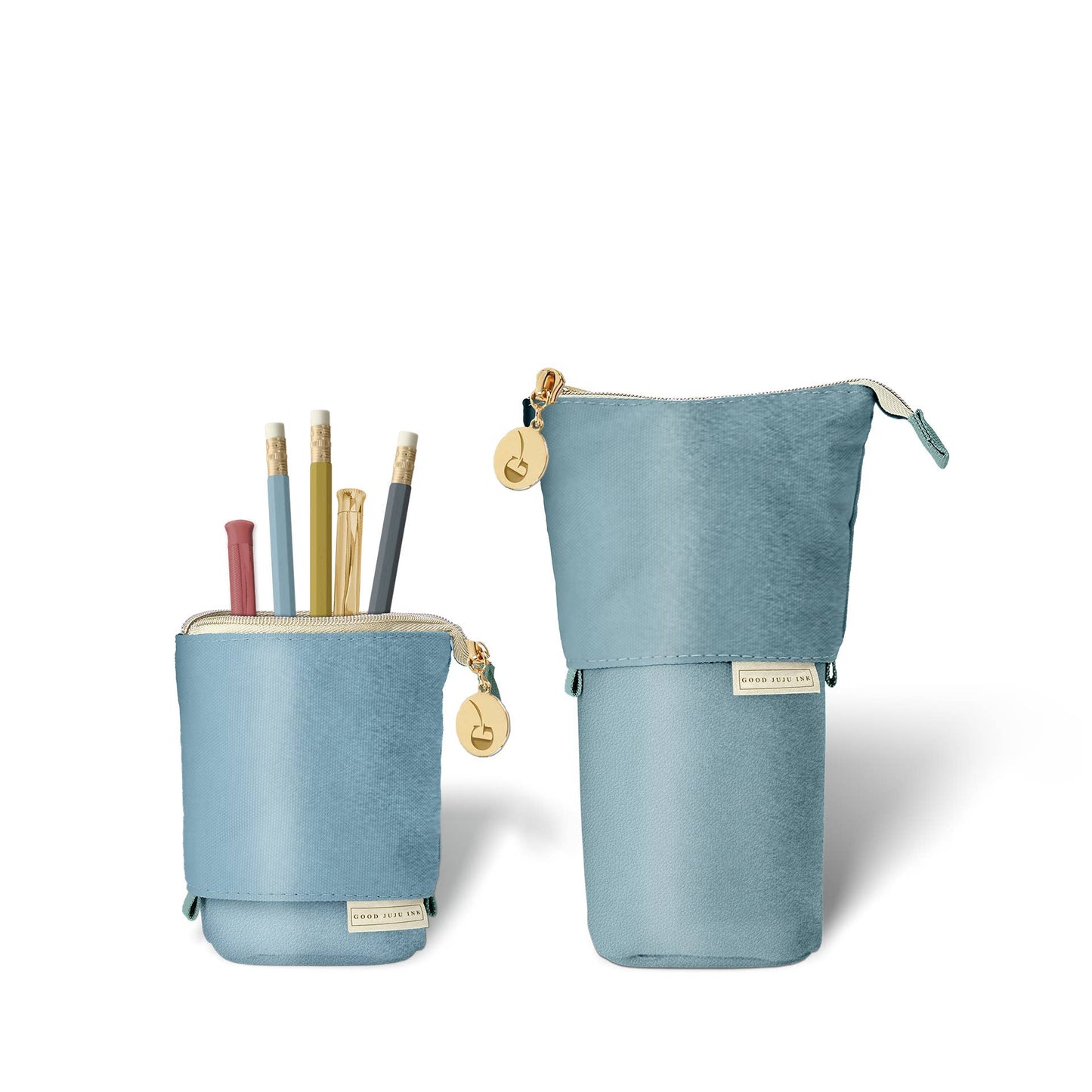 Good Juju Ink - Luxe Standing Pencil Pouch - Metallic Blue Sky - Jennie Dots
