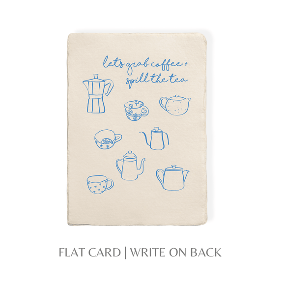 Grab Coffee + Spill Tea greeting card with blue illustrations on off-white paper.
