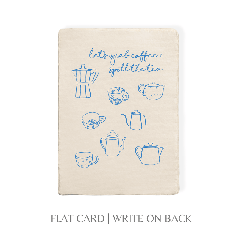 Grab Coffee + Spill Tea greeting card with blue illustrations on off-white paper.