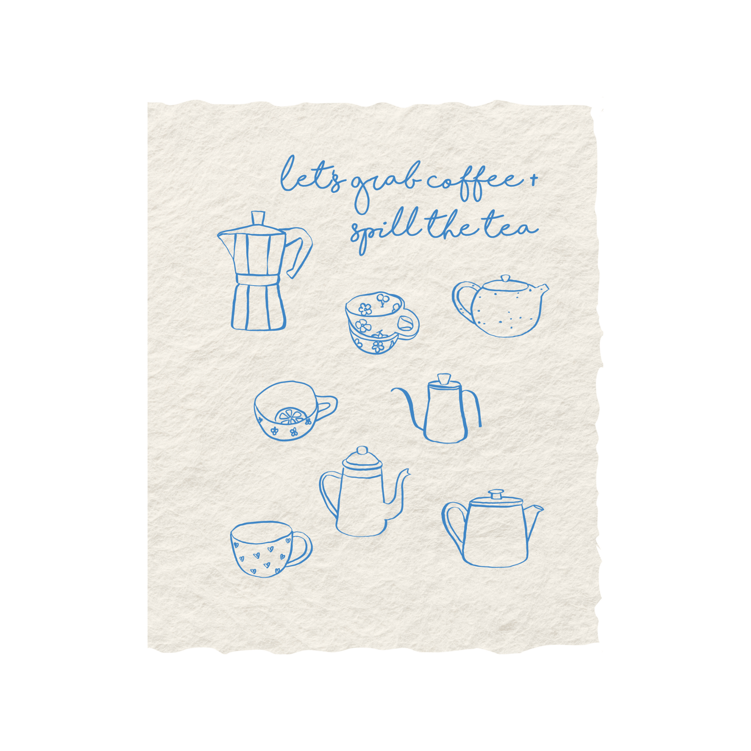 Handmade letterpress card with blue coffee and tea illustrations, featuring "Let's Grab Coffee + Spill the Tea" text.