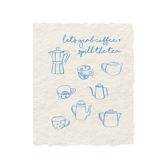 Handmade letterpress card with blue coffee and tea illustrations, featuring "Let's Grab Coffee + Spill the Tea" text.