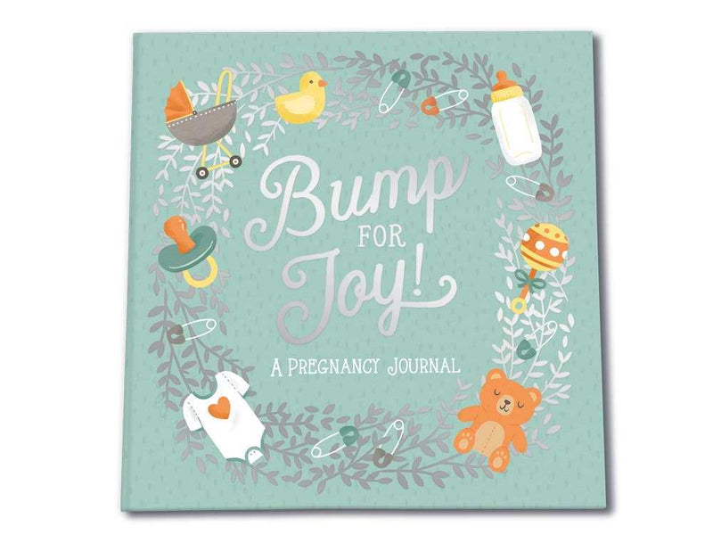 Guided pregnancy journal, "Bump For Joy!", hardcover with colorful illustrations and writing prompts.