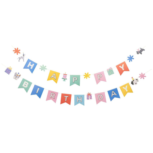 Dog-themed happy birthday banner with colorful letters and gold foil accents.