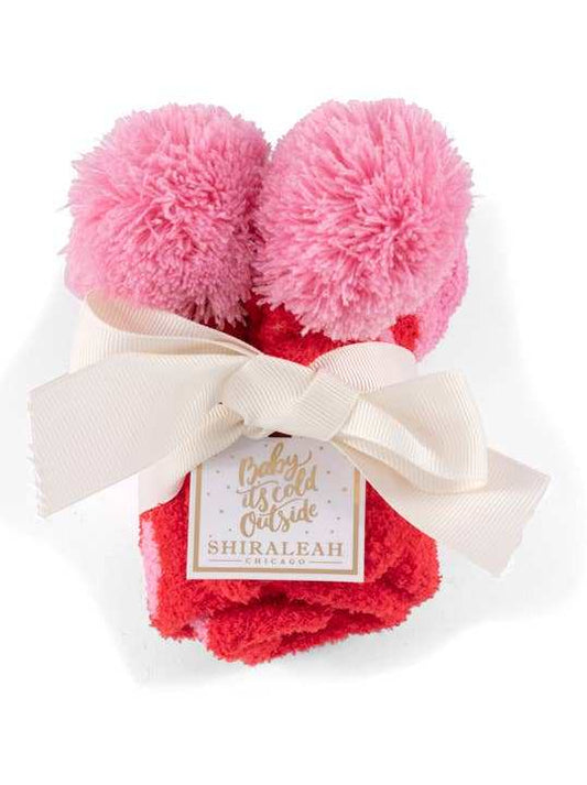 HEARTS HOME SOCKS, red, with pom-poms, fits size 5-10, rubber grip bottom.