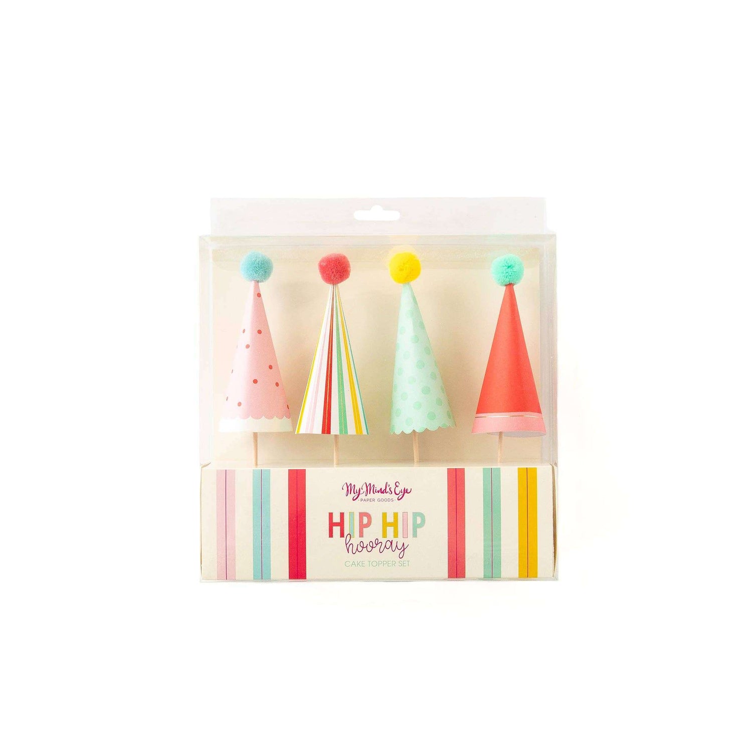 Hip Hip Hooray Cake Toppers with colorful party hats, pom poms, and gold foil accents.