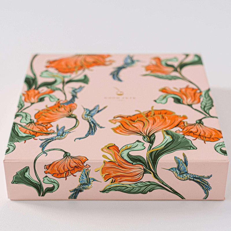 Hummingbird Luxury Stationery Set in gold-foiled keepsake box with floral design.