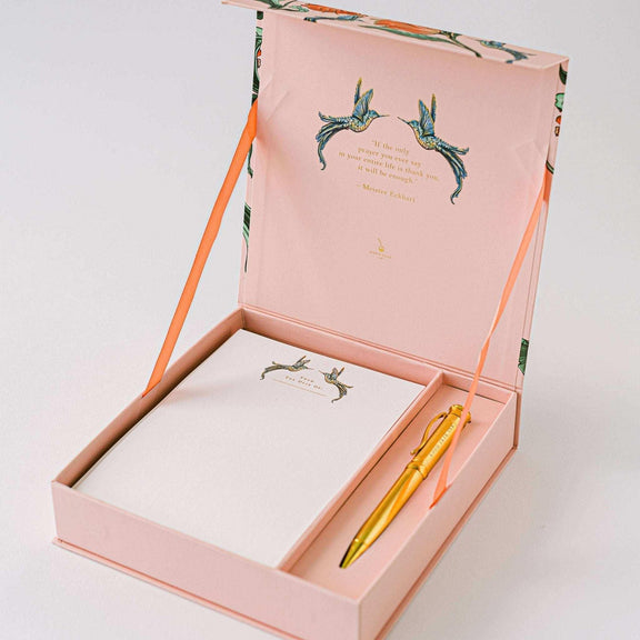 Hummingbird Luxury Stationery Set with gold-foiled keepsake box, writing sheets, envelopes, sealing stickers, and ball-point pen.