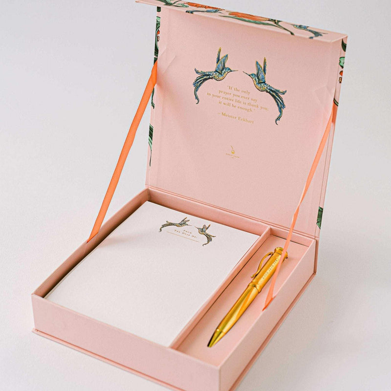 Hummingbird Luxury Stationery Set with gold-foiled keepsake box, writing sheets, envelopes, sealing stickers, and ball-point pen.