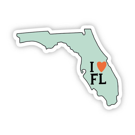 Florida State Sticker in the shape of the state with "I ♥ FL" text.