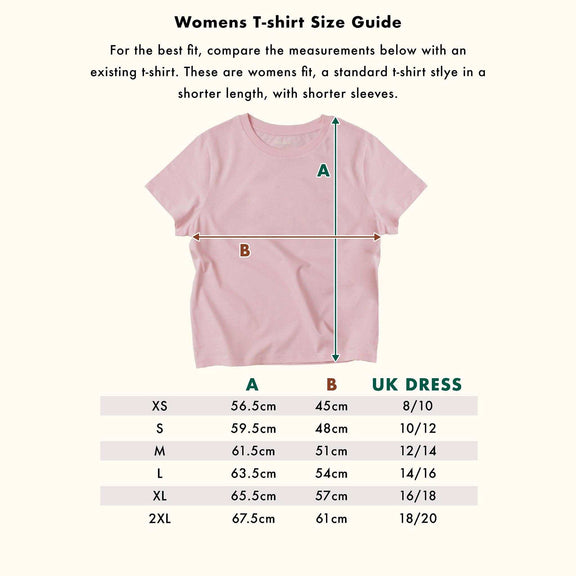 Women's pink t-shirt with Ice Cream Appreciation Society design and size guide chart.