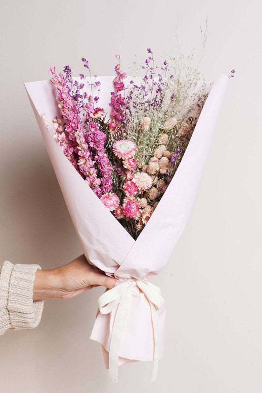 Idlewild Floral Co. Spring Field Bouquet in pastel colors with dried flowers.