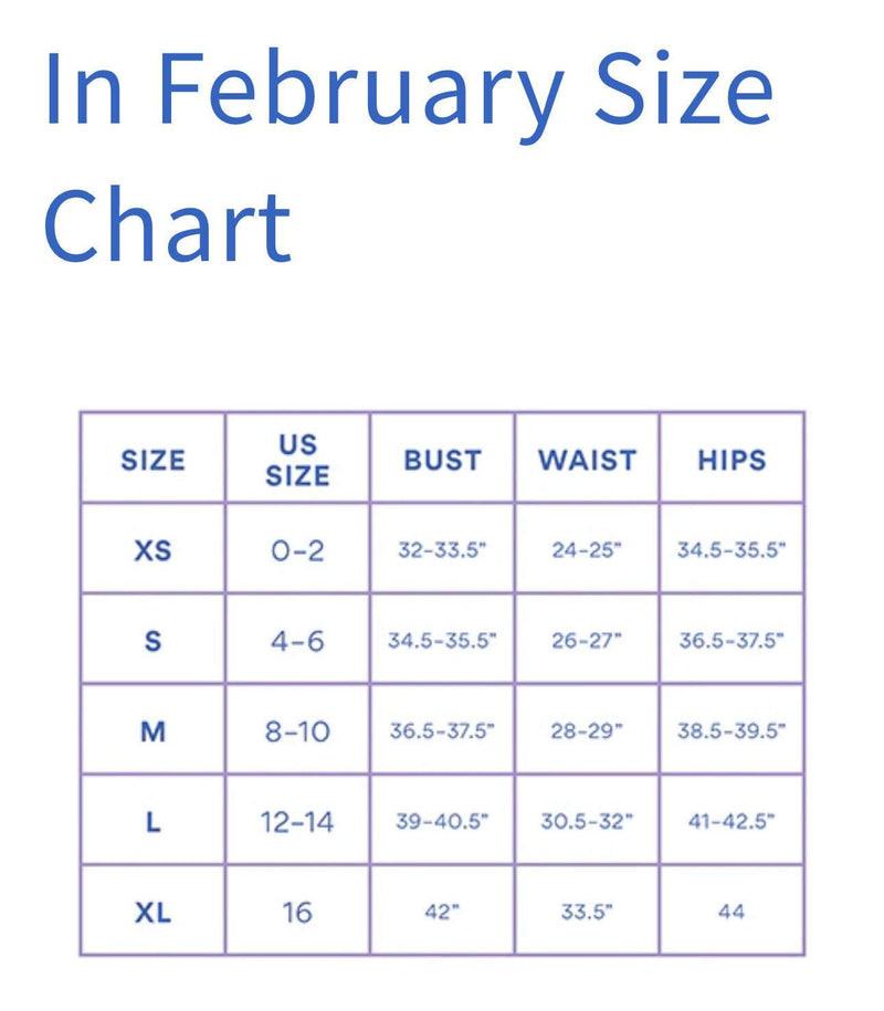 In February Crochet Mini Dress size chart with measurements for XS to XL.