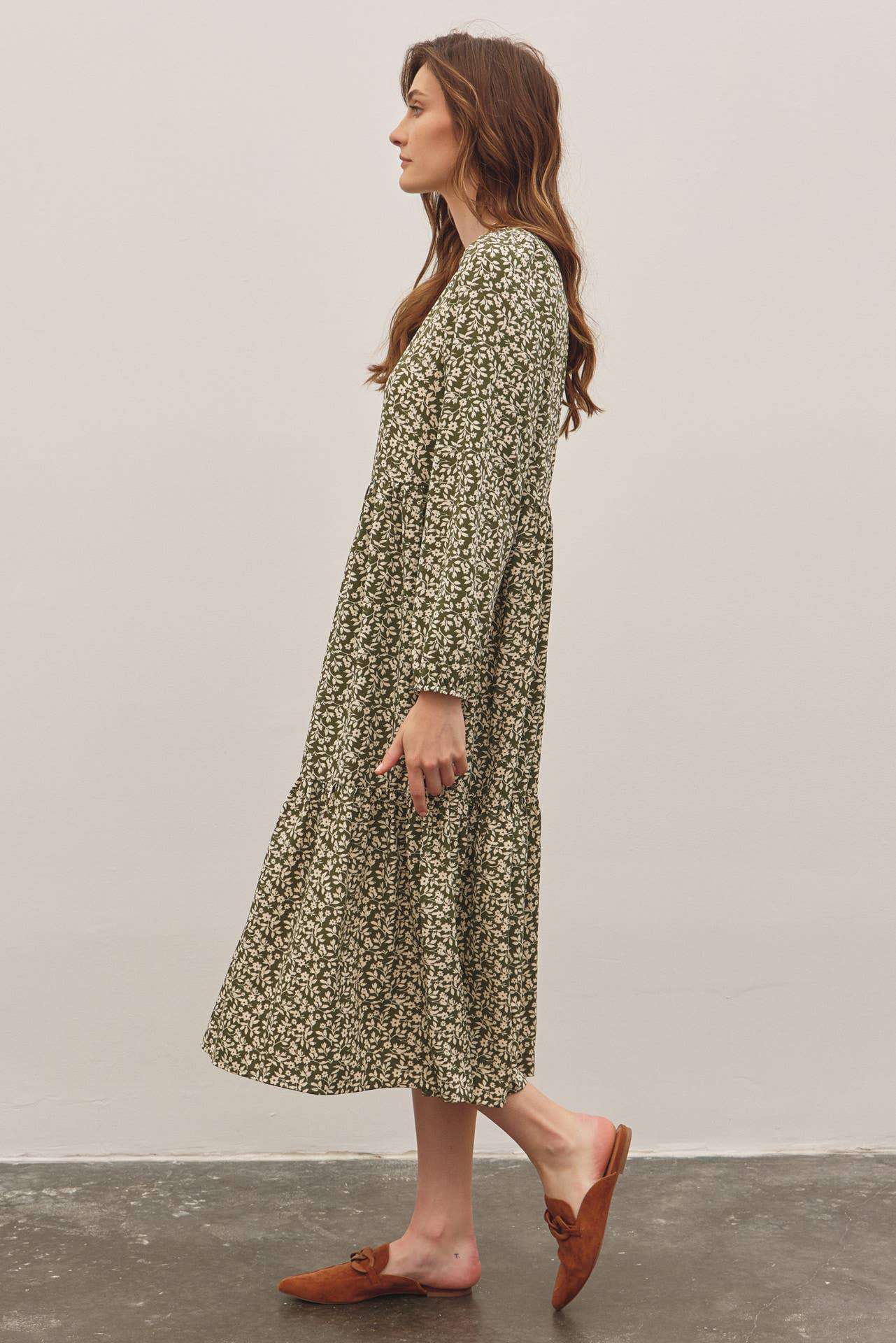 In February Floral Tiered Midi Dress with Ribbon Tie - Jennie Dots