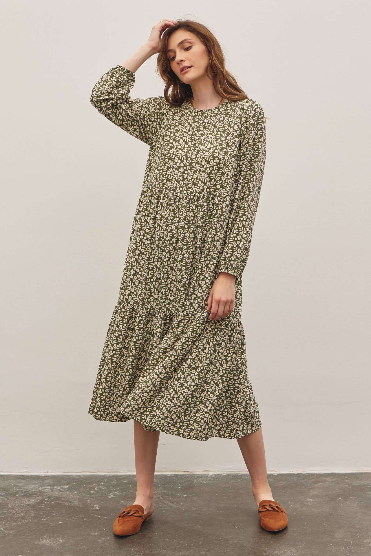 In February Floral Tiered Midi Dress with Ribbon Tie - Jennie Dots