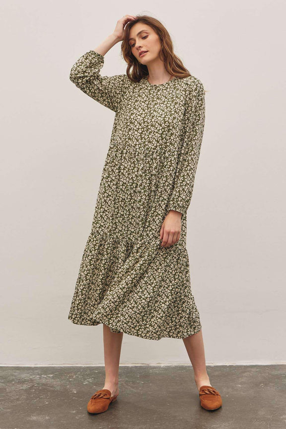 In February Floral Tiered Midi Dress with Ribbon Tie - Jennie Dots