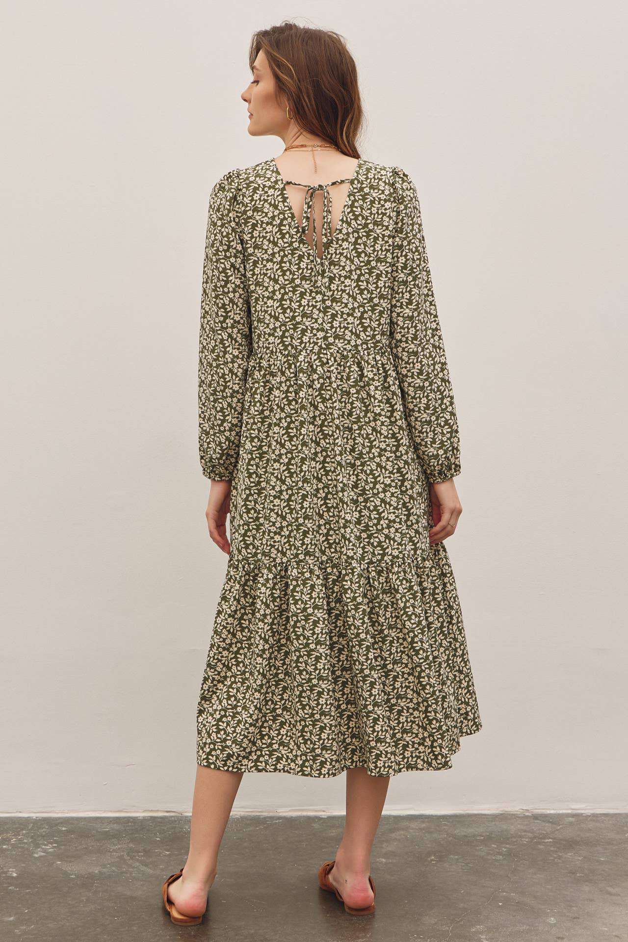 In February Floral Tiered Midi Dress with Ribbon Tie - Jennie Dots