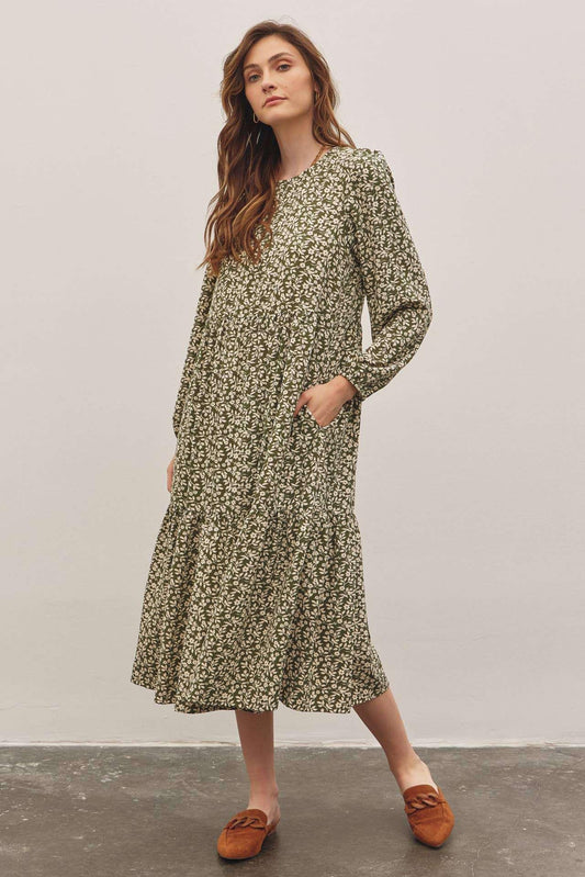 In February Floral Tiered Midi Dress with Ribbon Tie - Jennie Dots