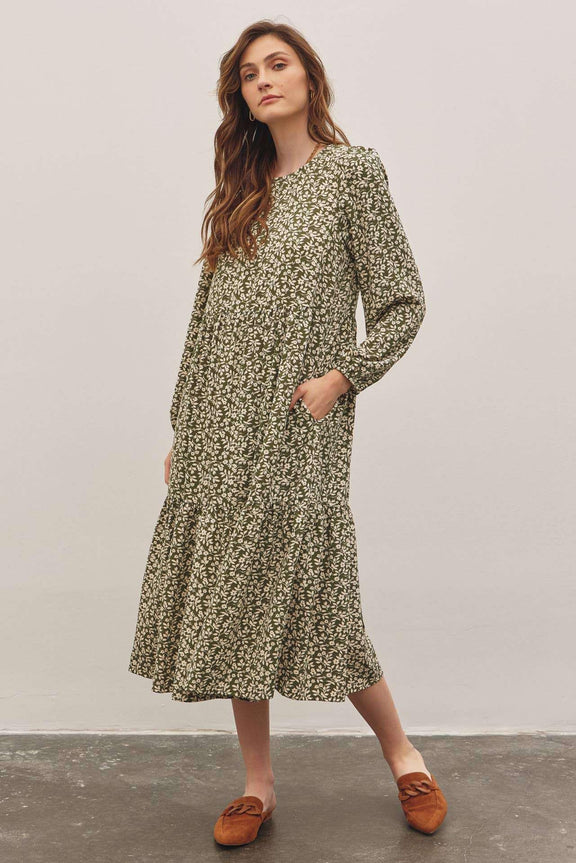 In February Floral Tiered Midi Dress with Ribbon Tie - Jennie Dots