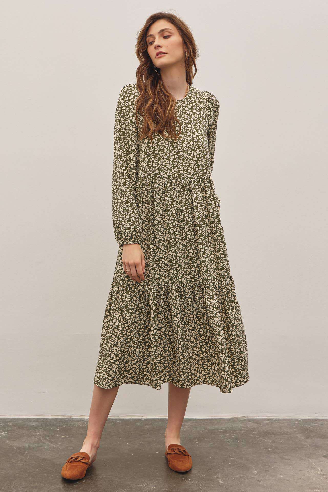 In February Floral Tiered Midi Dress with Ribbon Tie - Jennie Dots