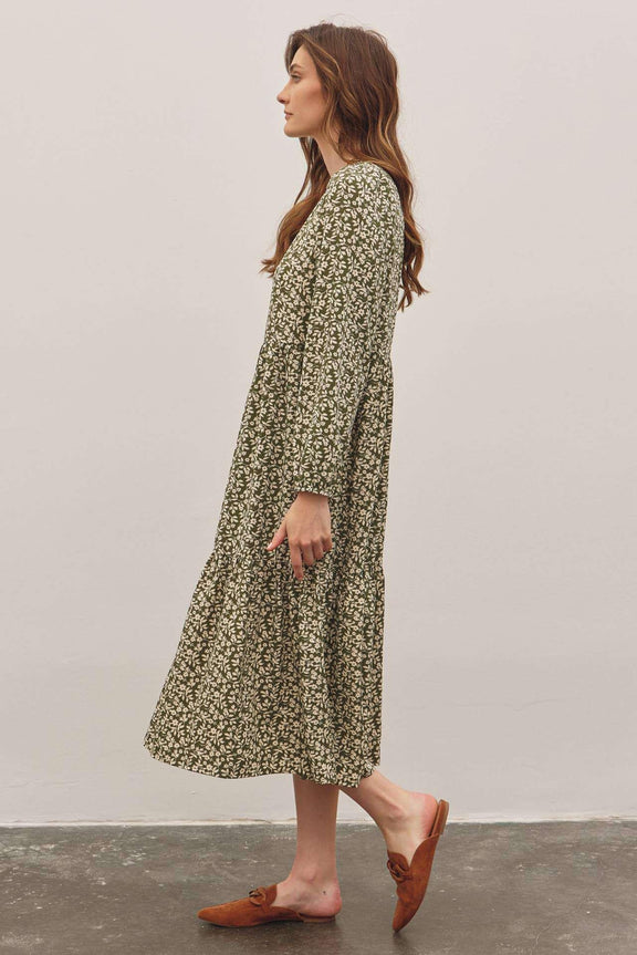 In February Floral Tiered Midi Dress with Ribbon Tie - Jennie Dots