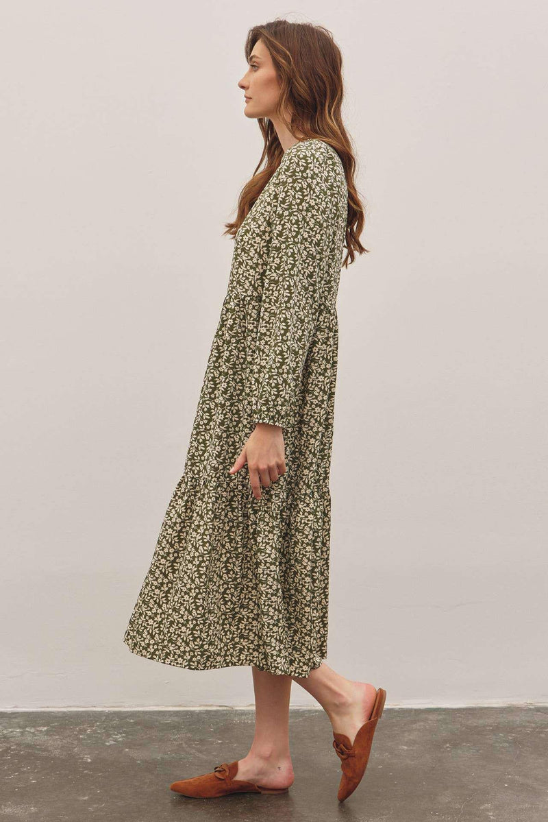 In February Floral Tiered Midi Dress with Ribbon Tie - Jennie Dots