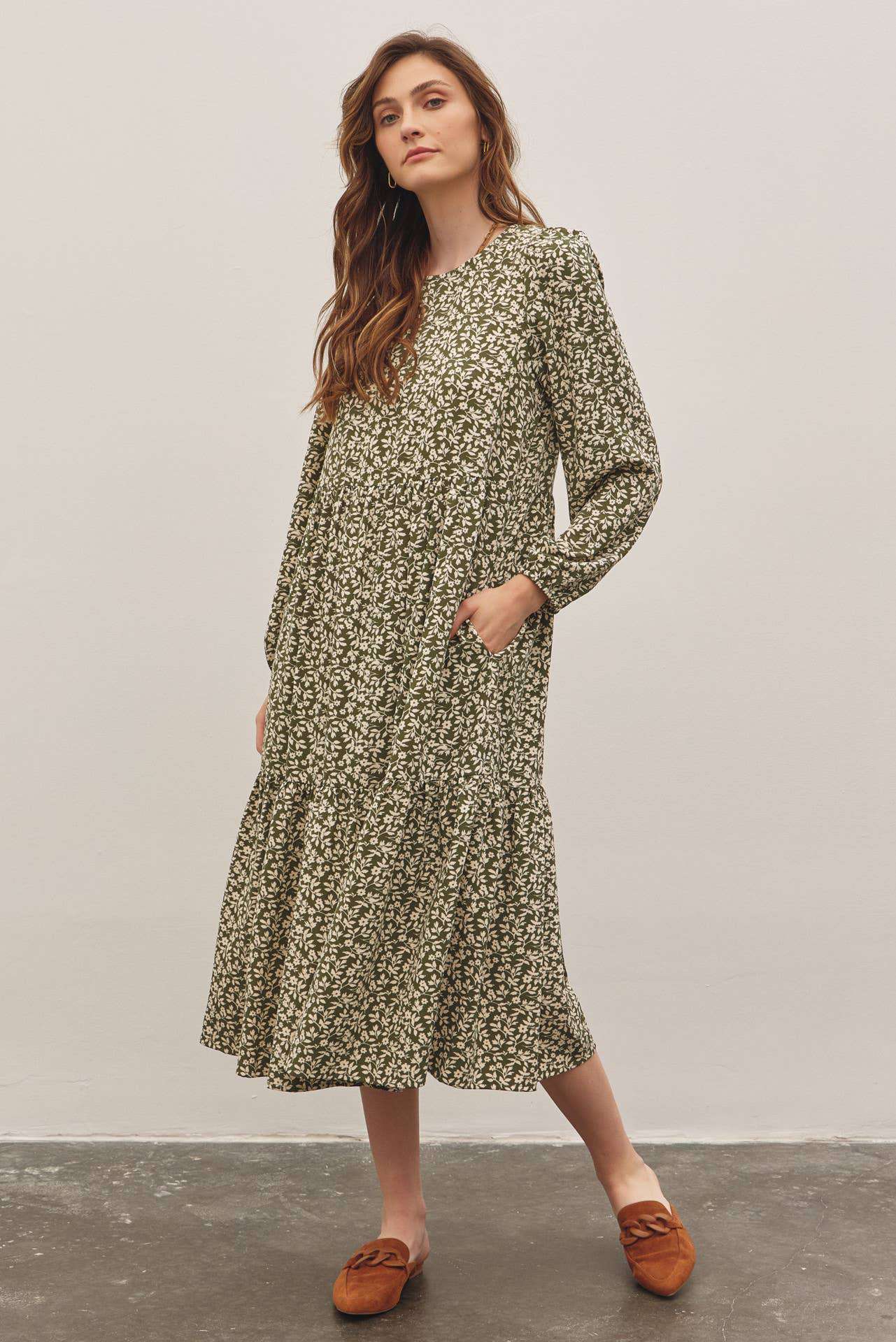 In February Floral Tiered Midi Dress with Ribbon Tie - Jennie Dots