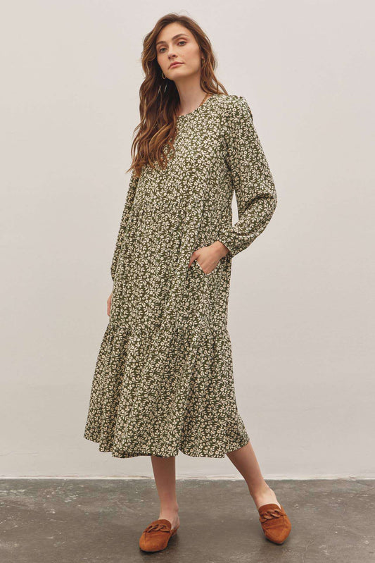 In February Floral Tiered Midi Dress with Ribbon Tie - Jennie Dots