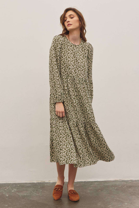 In February Floral Tiered Midi Dress with Ribbon Tie - Jennie Dots