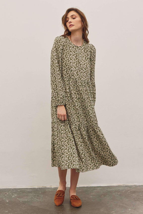 In February Floral Tiered Midi Dress with Ribbon Tie - Jennie Dots