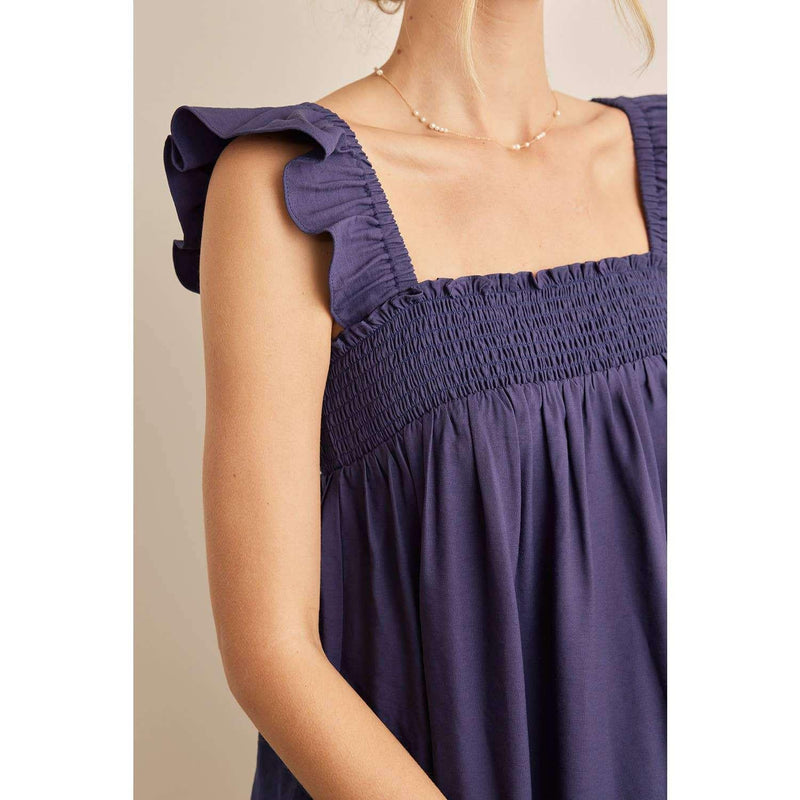 Navy ruffle sleeve square neck smocked midi dress with elegant design.
