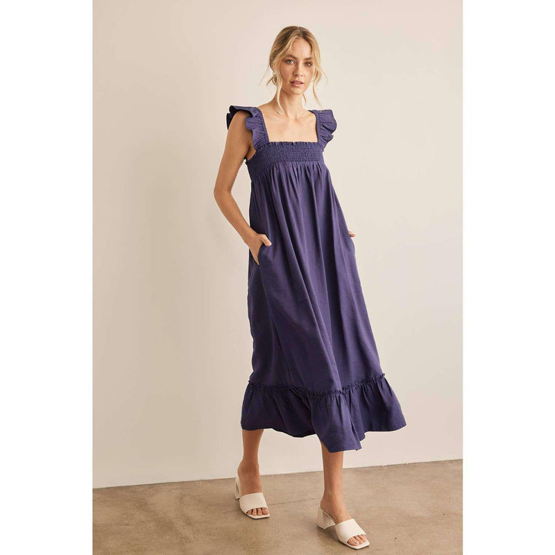 Navy ruffle sleeve square neck smocked midi dress with elegant design and comfortable fit.