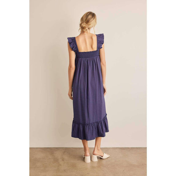 Navy ruffle sleeve square neck smocked midi dress with elastic straps and side seam pockets.