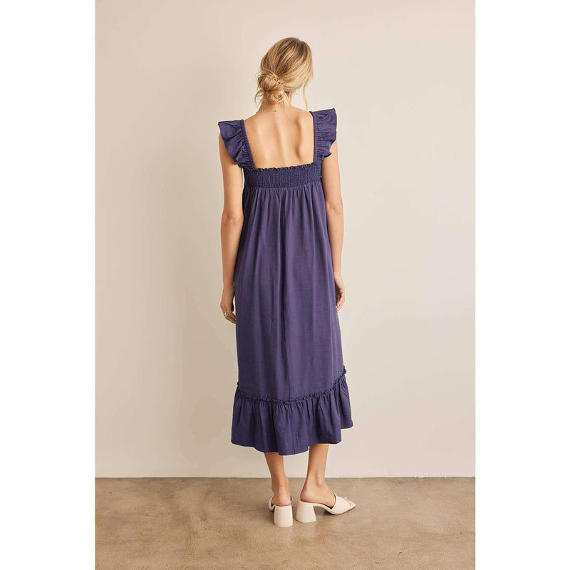 Navy ruffle sleeve square neck smocked midi dress with elastic straps and side seam pockets.