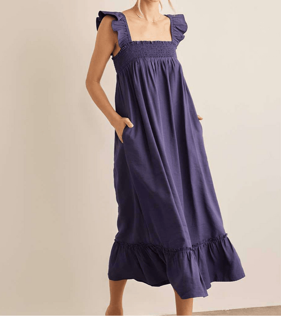 Navy ruffle sleeve smocked midi dress with square neck and pockets.