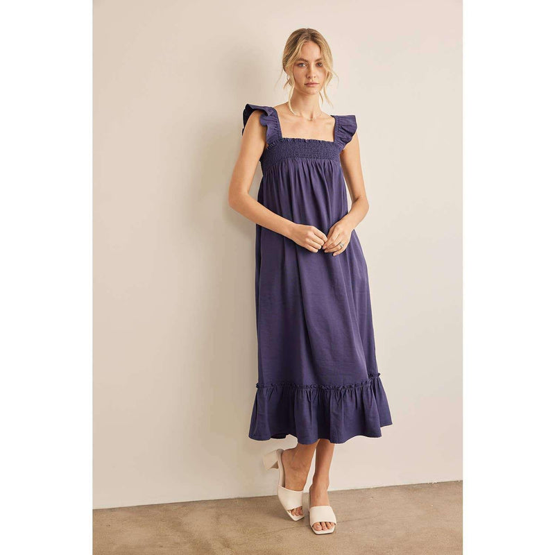 Navy Ruffle Sleeve Square Neck Smocked Midi Dress with Elegant Design