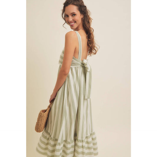 In February Stripe MIDI Dress with Ribbon Tie - Jennie Dots