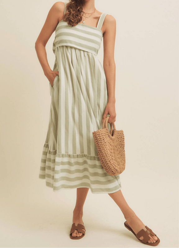Stripe MIDI Dress with ribbon tie and sleeveless design.