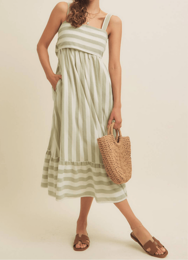 Stripe MIDI Dress with ribbon tie and sleeveless design.