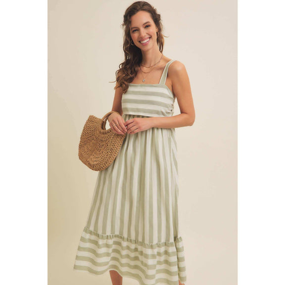 Sleeveless stripe MIDI dress with ribbon tie and lining.