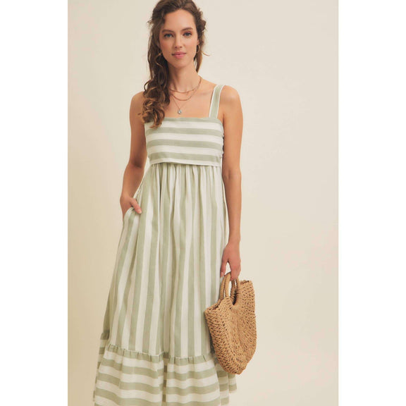 In February Stripe MIDI Dress with Ribbon Tie - Jennie Dots
