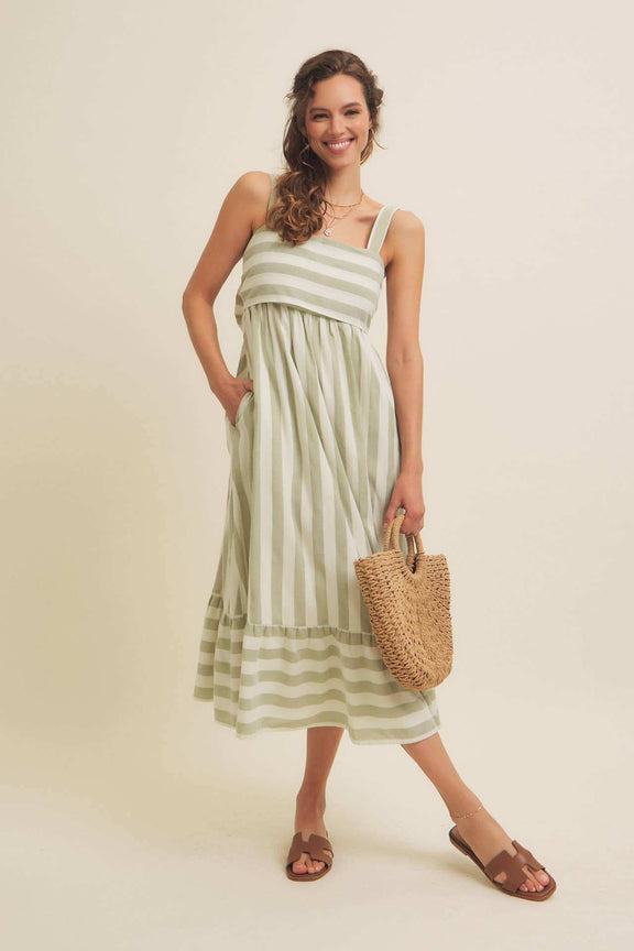 In February Stripe MIDI Dress with Ribbon Tie - Jennie Dots
