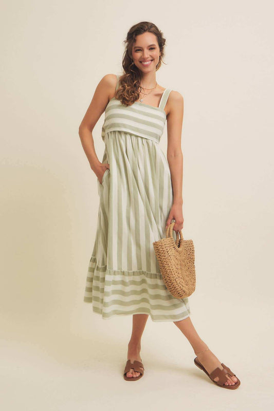 Stripe MIDI Dress with Ribbon Tie, sleeveless design, and polyester-cotton blend.