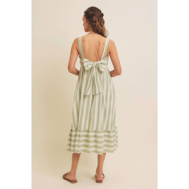 Stripe MIDI dress with ribbon tie, sleeveless and lined, made of polyester and cotton.