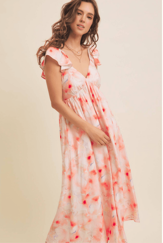 Watercolor floral print flutter sleeve midi dress with V-neckline and elastic waist.