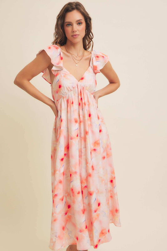 Watercolor floral print midi dress with V-neckline and flutter sleeves.
