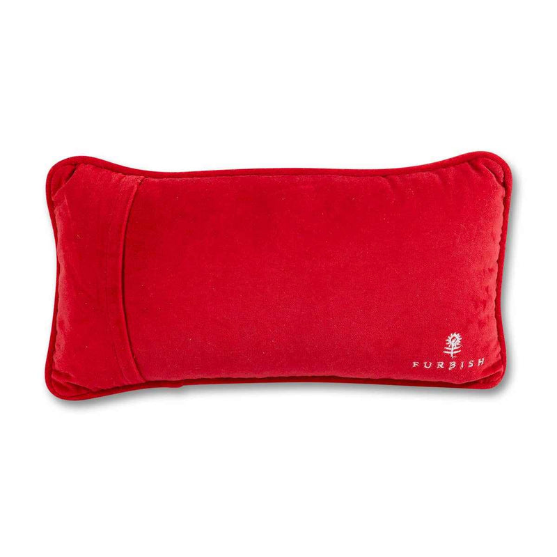 Chic needlepoint pillow with vibrant red velvet backing, 8" x 14".