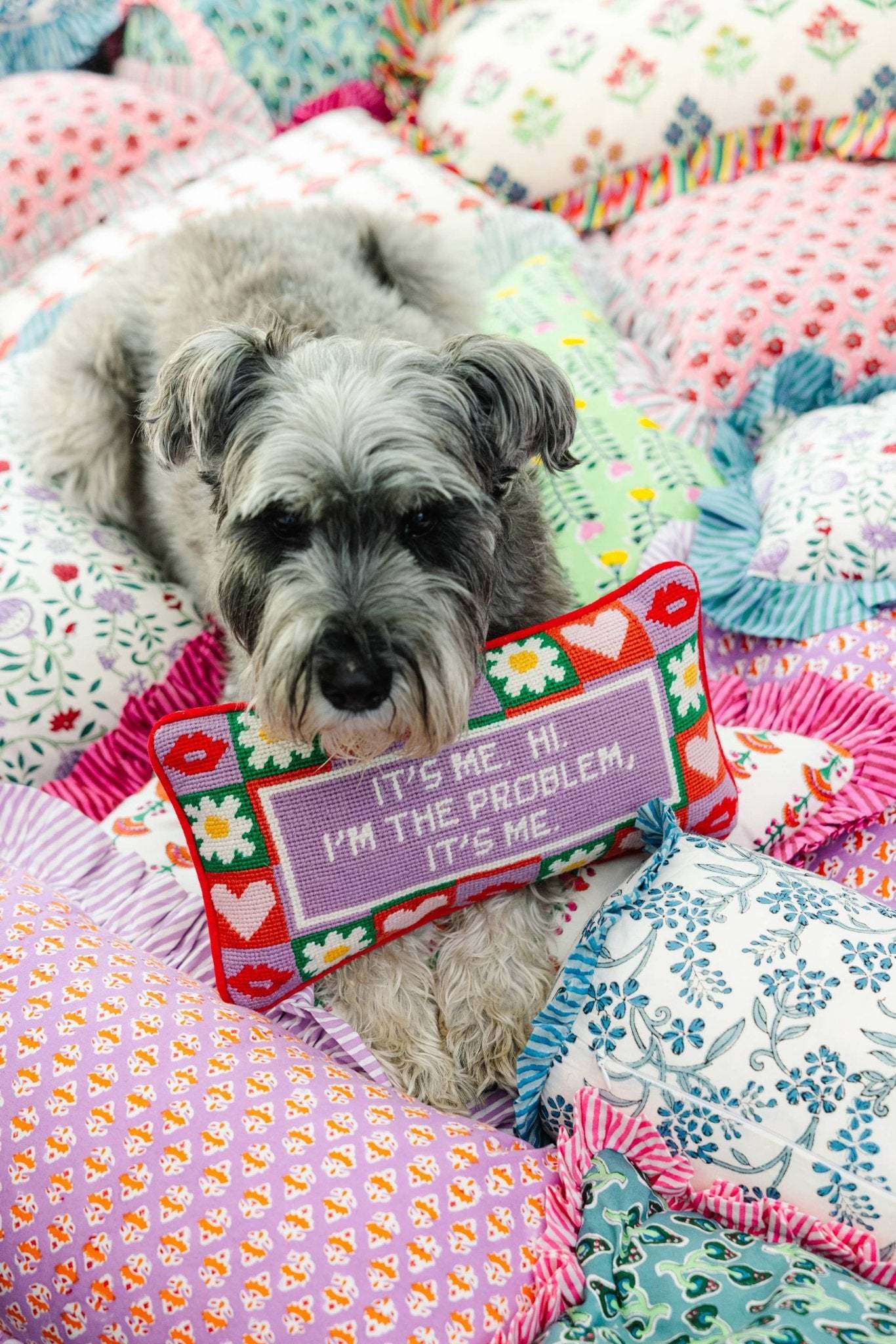 Chic needlepoint pillow with "It's Me" saying, red velvet back, 8"x14".