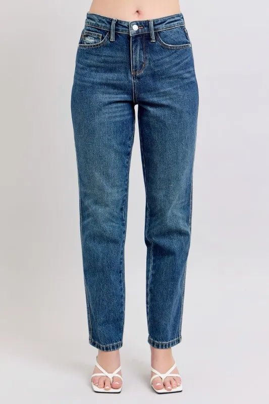 Judy Blue Full Size High Waisted Rigid Magic Non - destroy Straight Leg Jeans Plus Size - Jennie Dots