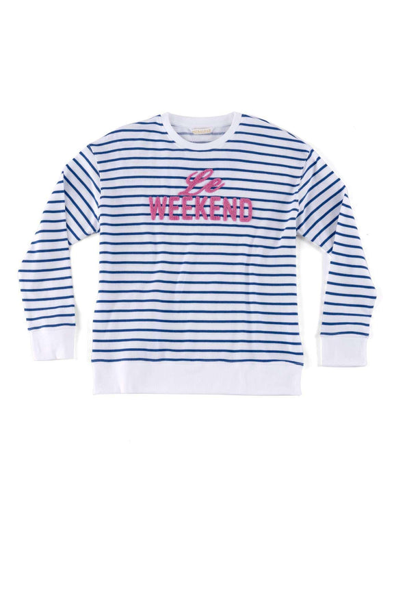 LE WEEKEND SWEATSHIRT, sky blue striped design with embroidery.